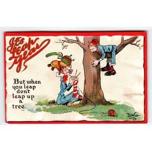It's Leap New Year Postcard Dwig Knitting Women Embossed 1910's Gabriel 401